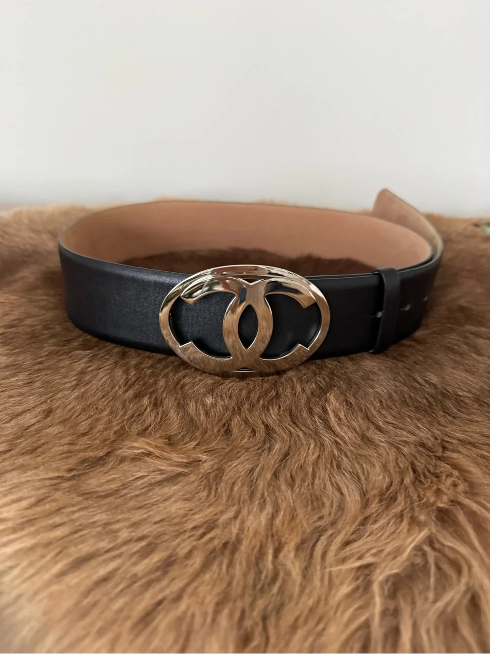 Authentic Pre-owned CHANEL Black Leather Belt with Silver Interlocking CC Buckle